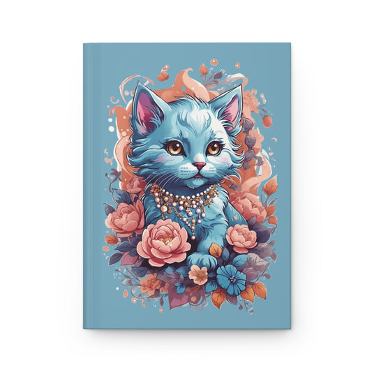 Blue Notebook cover with a pastel blue female kitten wearing a necklace, surrounded by flowers 