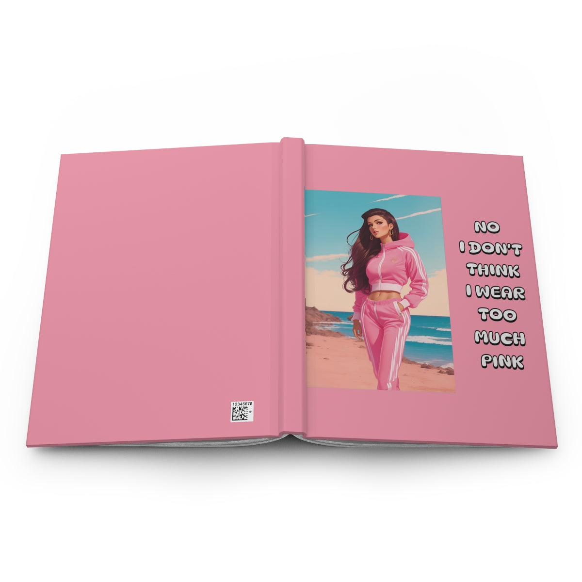 Pink  journal cover with an illustration of  beautiful young supermodel like brunette girl with long shiny hair,  in head to toe pastel pink y2k style tracksuits on Malibu beach and funny text 'No I don't think I wear too much pink' written in retro aesthetic