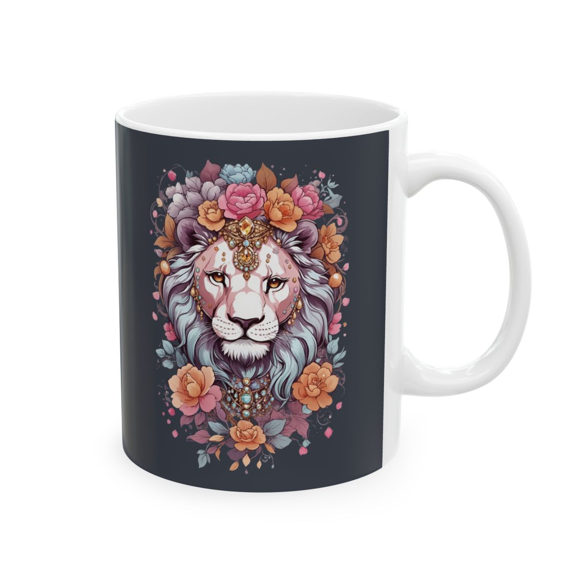 mug with a lioness dressed in jewels and flowers design