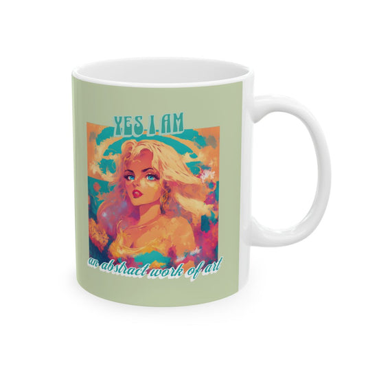 Pastel green mug with an illustration of a very beautiful blonde woman with blue eyes looking like a doll and a retro style funny text in pastel colors