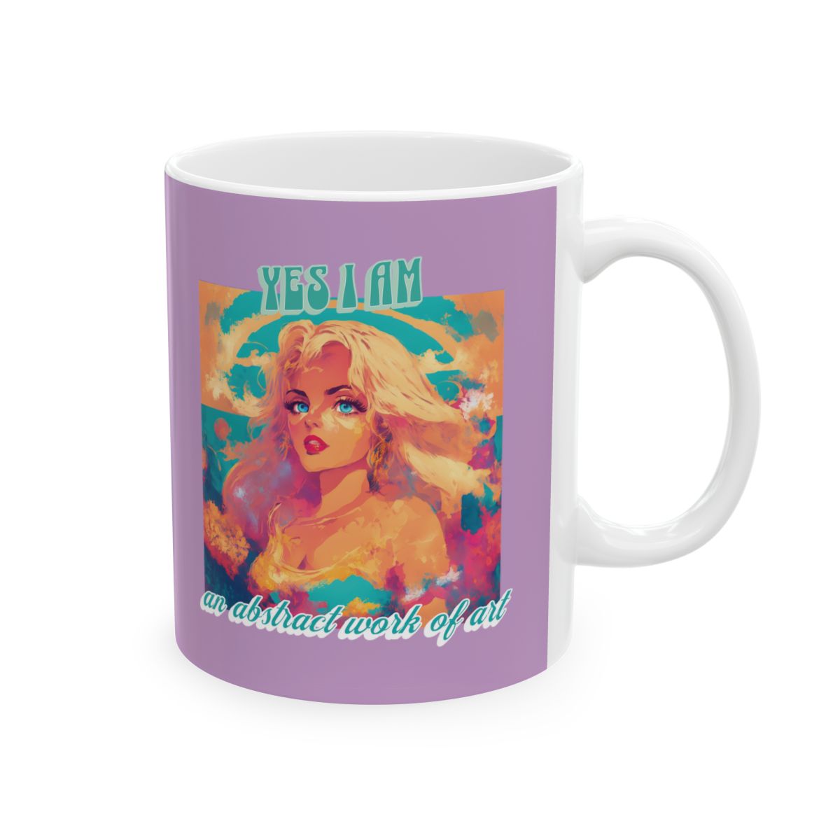 Pastel purple mug with an illustration of a very beautiful blonde woman with blue eyes looking like a doll and a retro style funny text in pastel colors
