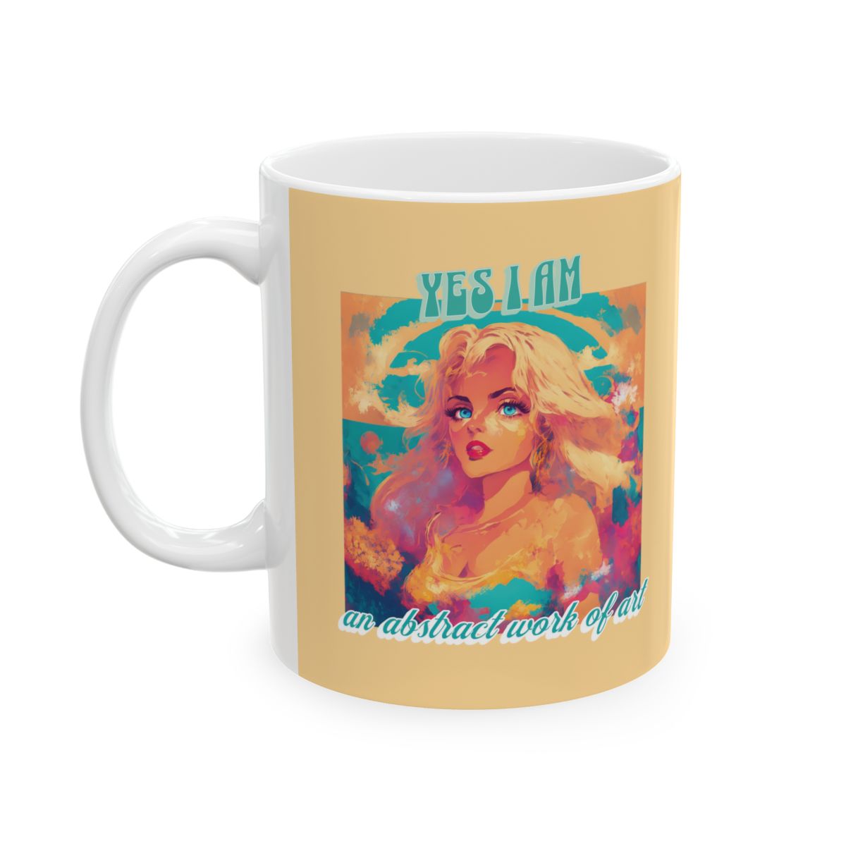 Butter yellow mug with an illustration of a very beautiful blonde woman with blue eyes looking like a doll and a retro style funny text in pastel colors