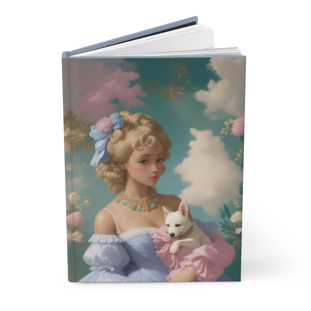 Pastel colored notebook with an illustration of a melancholic young blonde woman wearing a pastel colored, regency period light blue gown, holding a white small a dog in front of cotton candy clouds 