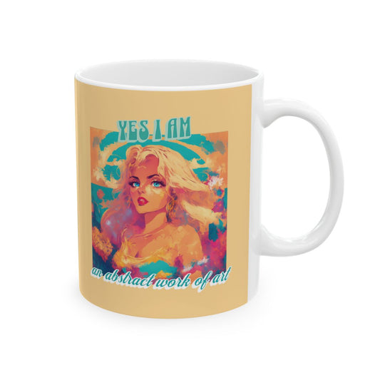 Pastel yellow mug with an illustration of a very beautiful blonde woman with blue eyes looking like a doll and a retro style funny text in pastel colors