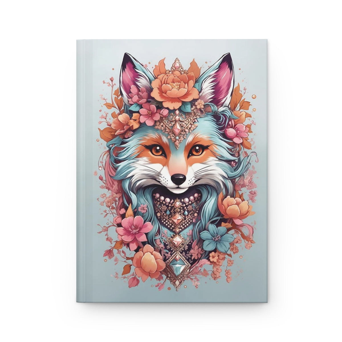 Journal with a Colorful kawaii style fox illustration with floral and gemstone details on a light blue background