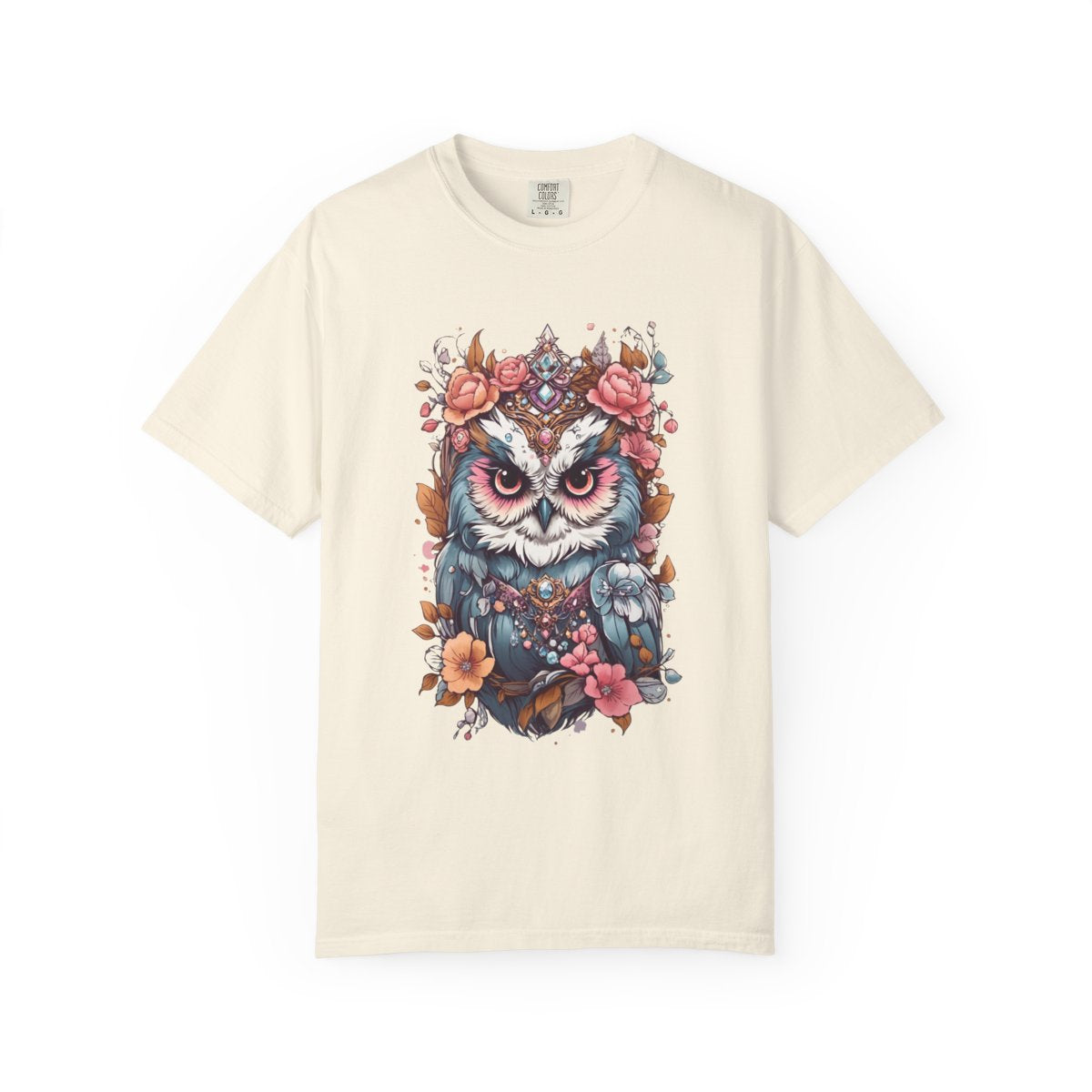 Beige t-shirt with a colorful boho chic owl design with flowers on a white background
