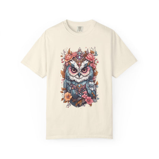 Beige t-shirt with a colorful boho chic owl design with flowers on a white background