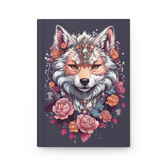 Notebook with an illustration of a colorful kawaii aesthetic wolf wearing jewelry and flowers 