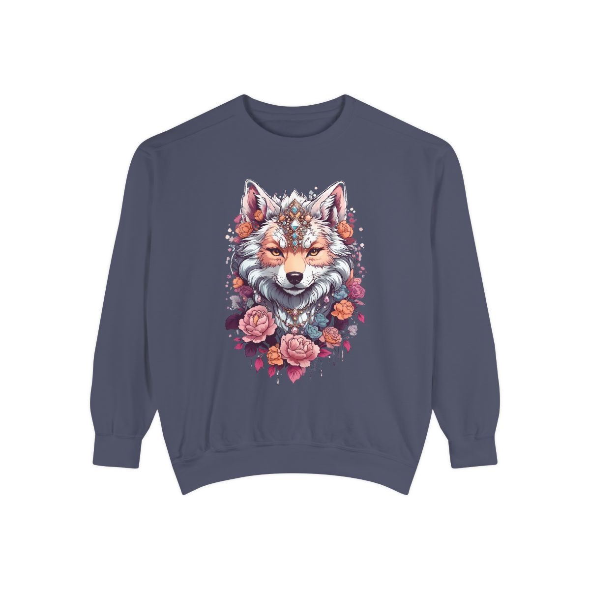 Blue sweatshirt with a boho chic wolf design with florals