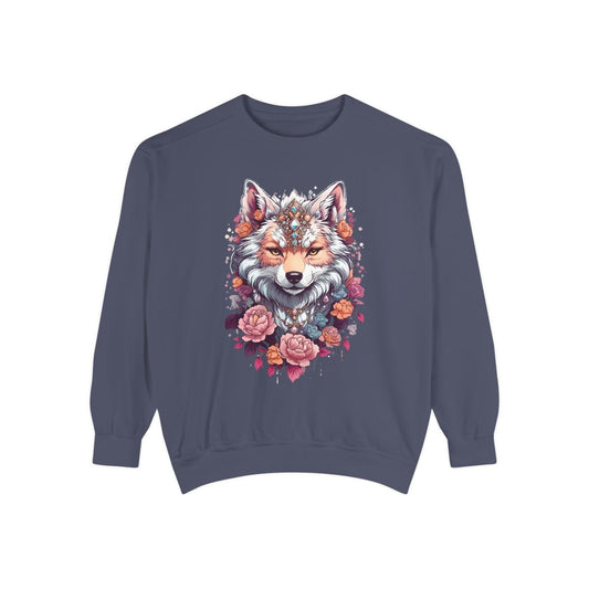 Blue sweatshirt with a boho chic wolf design with florals