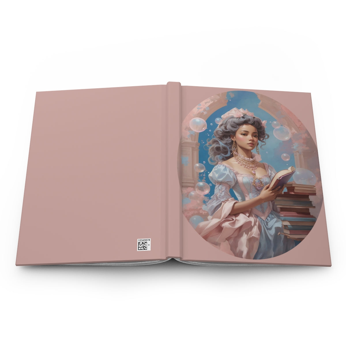 open soft pink notebook with an Illustration of a beautiful young woman in a period drama aesthetic dress in pastel colors, holding a book, surrounded by bubbles and books in a library 