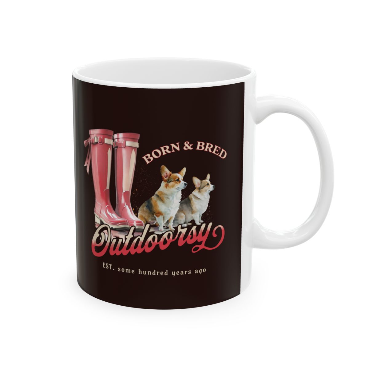 Mug with red Wellington boots and corgi dogs design on a brown background and a text that says "born and bred" "outdoorsy"