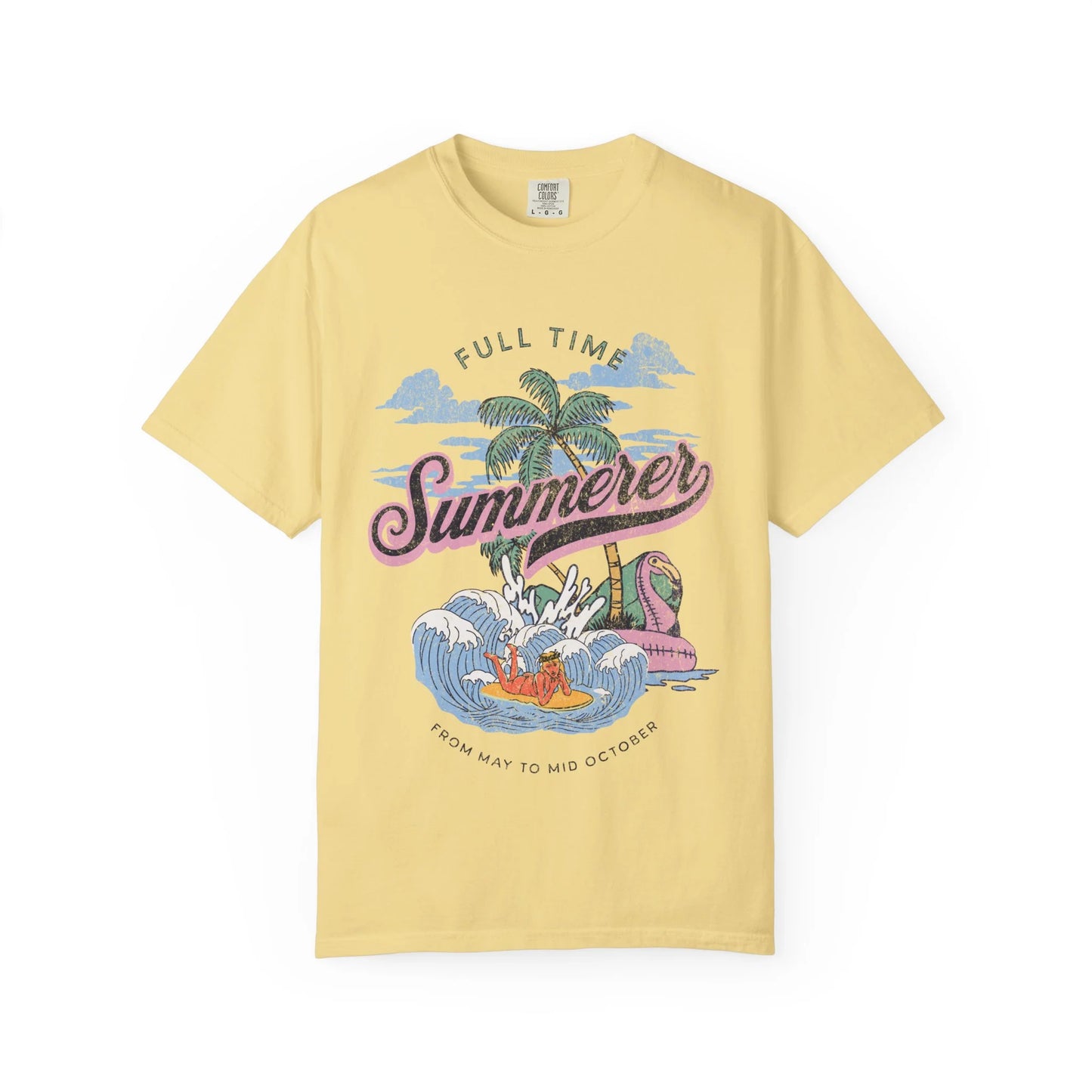 Pastel Yellow t-shirt with retro aesthetic 'Full Time Summerer' graphic design 