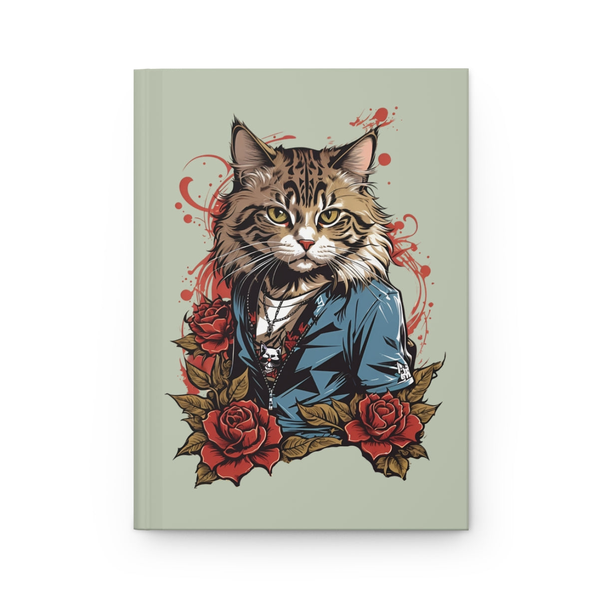 Hardcover journal with an Illustration of a 2000s tattoo fashion style cat in a denim jacket with tattoo style roses on a light green background