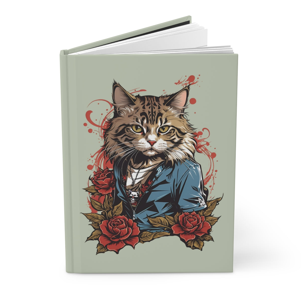 Light green Notebook with a y2k tattoo aesthetic cat dressed in blue jacket illustration and tattoo art red roses