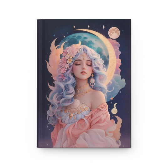 Notebook with celestial elements and a fantasy design of a woman with flowing bombshell hair dressed like a greek goddess standing in front of a pastel moon 