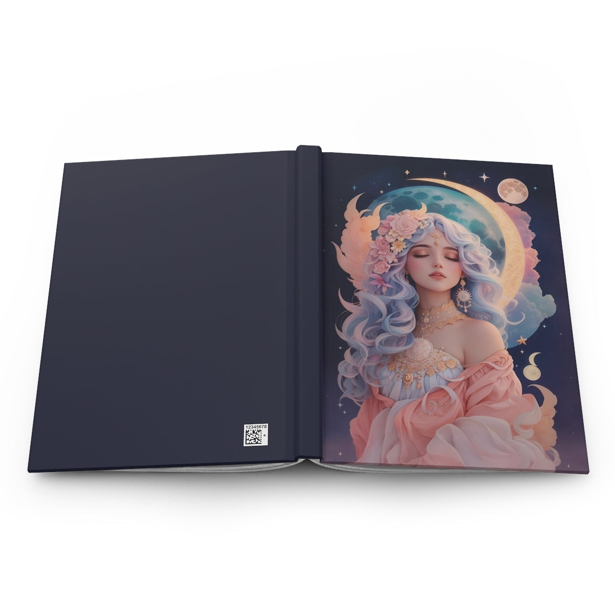 Open book with a pastel colored illustration of a young woman with pastel purple hair dressed like a greek goddess in pastel colors, standing at night  in front of pastel colored moon and celestial elements