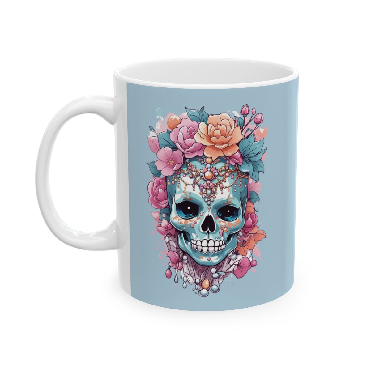 pastel blue Mug with a colorful skull dressed in jewels and flowers design 