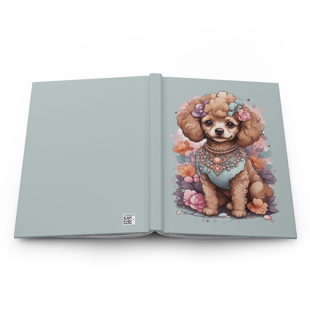 Open light blue notebook with an illustration of a poodle puppy wearing jewelry and flowers 
