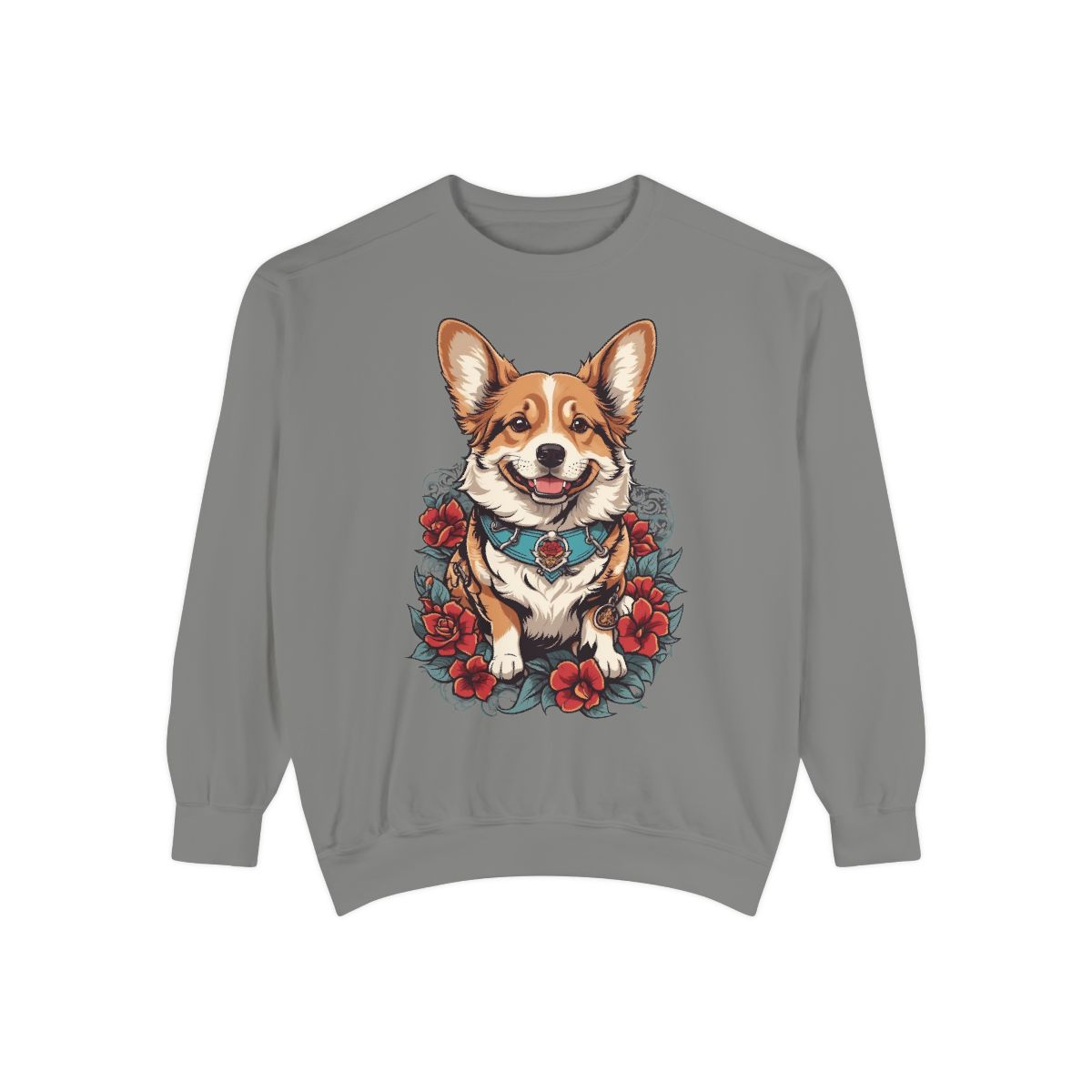 Gray sweatshirt with a cute tattoo style corgi illustration 