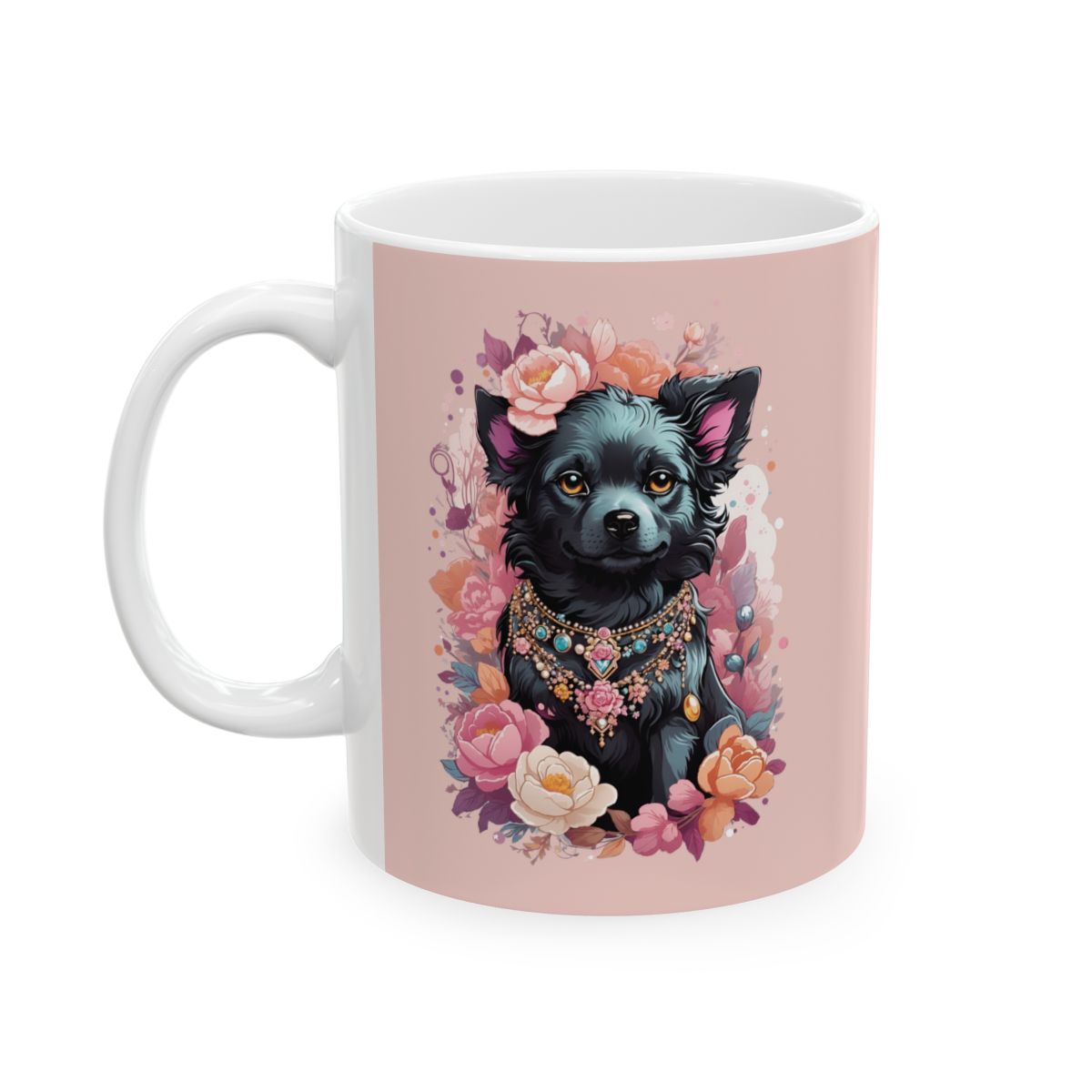 Pastel pink Mug with a colorful design of a black terrier puppy with pink ears, wearing a necklace with lots of pastel colored gemstones and surrounded by flowers