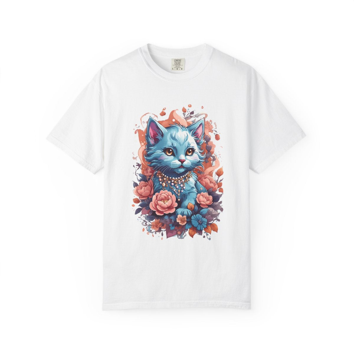 White t-shirt with a girly blue kitten with necklace and flowers graphic