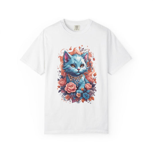 White t-shirt with a girly blue kitten with necklace and flowers graphic