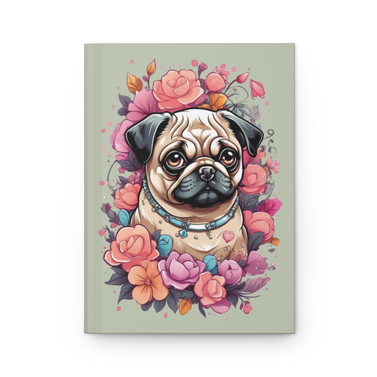 Pastel green notebook with an Illustration of a kawaii aesthetic pug dog surrounded by colorful flowers 