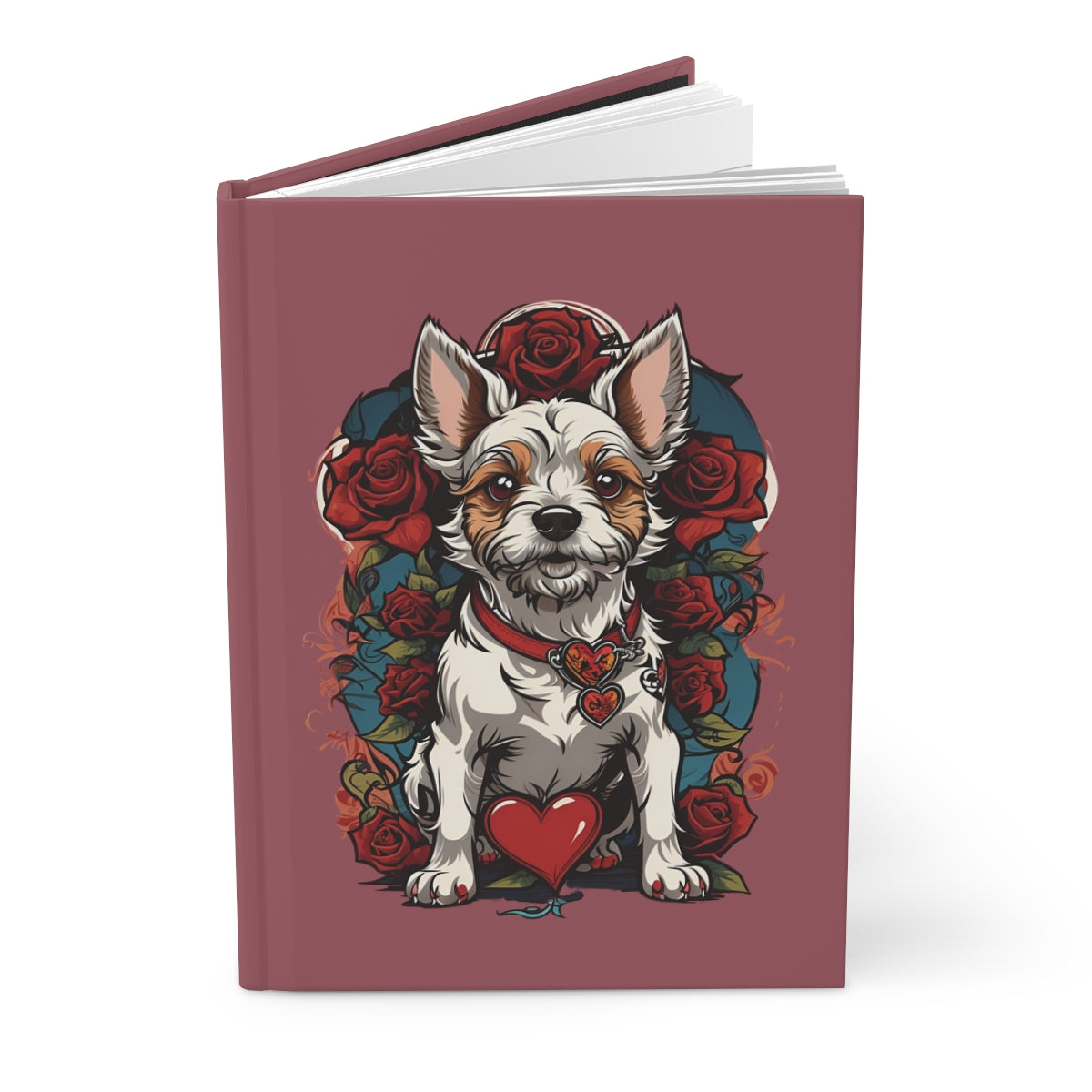 Notebook cover with a 2000s tattoo aesthetic terrier puppy illustration surrounded by red roses and red heart graphics on a red background