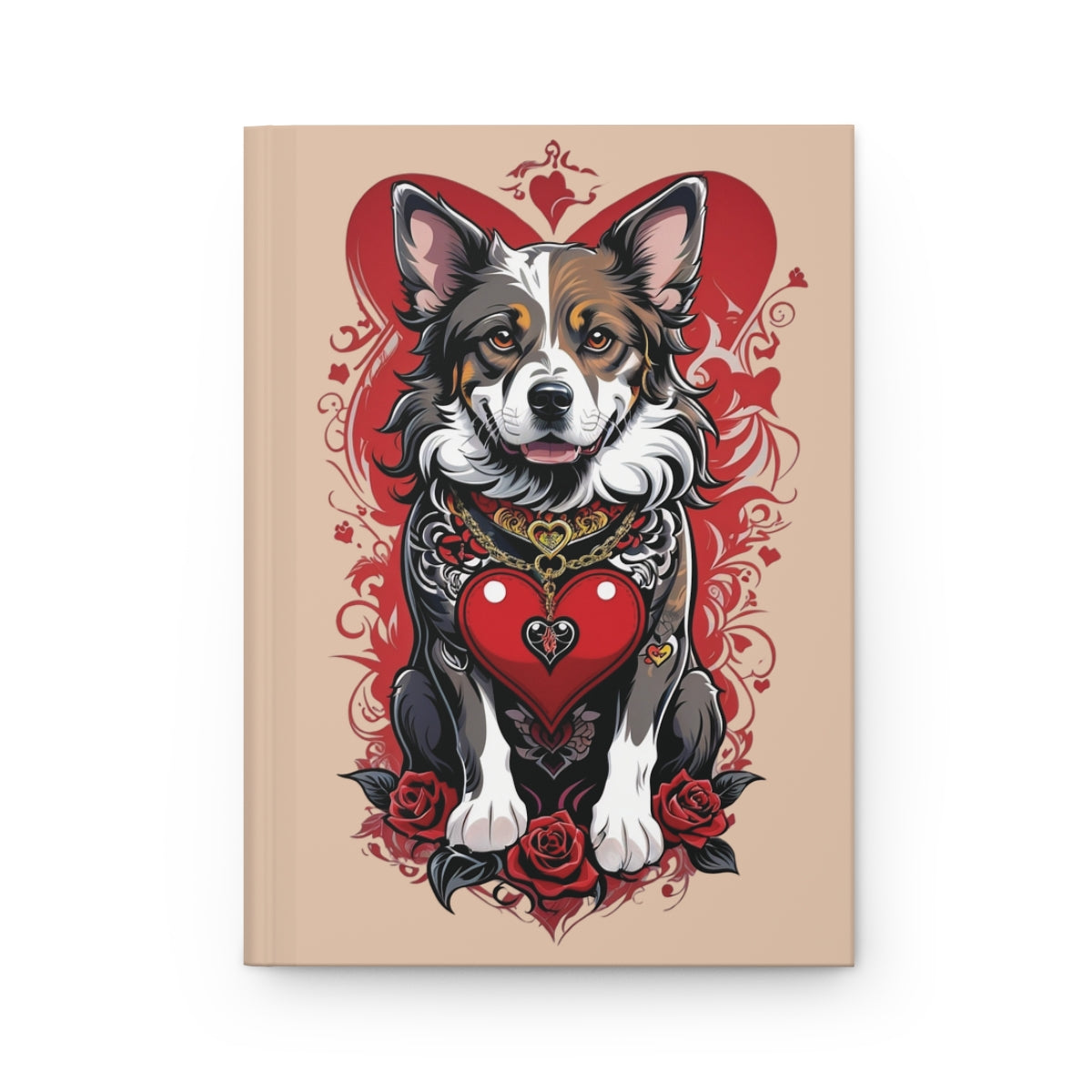 Journal with tattoo art style Puppy illustration with red hearts and tattoo style red roses on a beige background