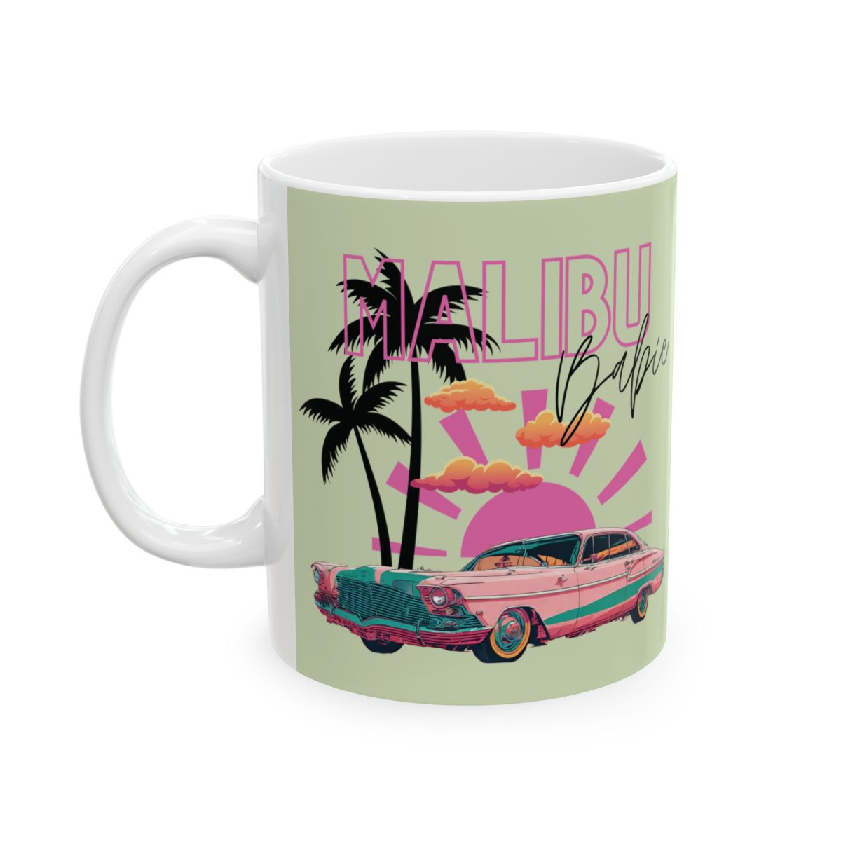 Pastel colored Mug with 'Malibu Babie' text and a design featuring a pastel pink vintage car, palm trees, set in golden hour glow