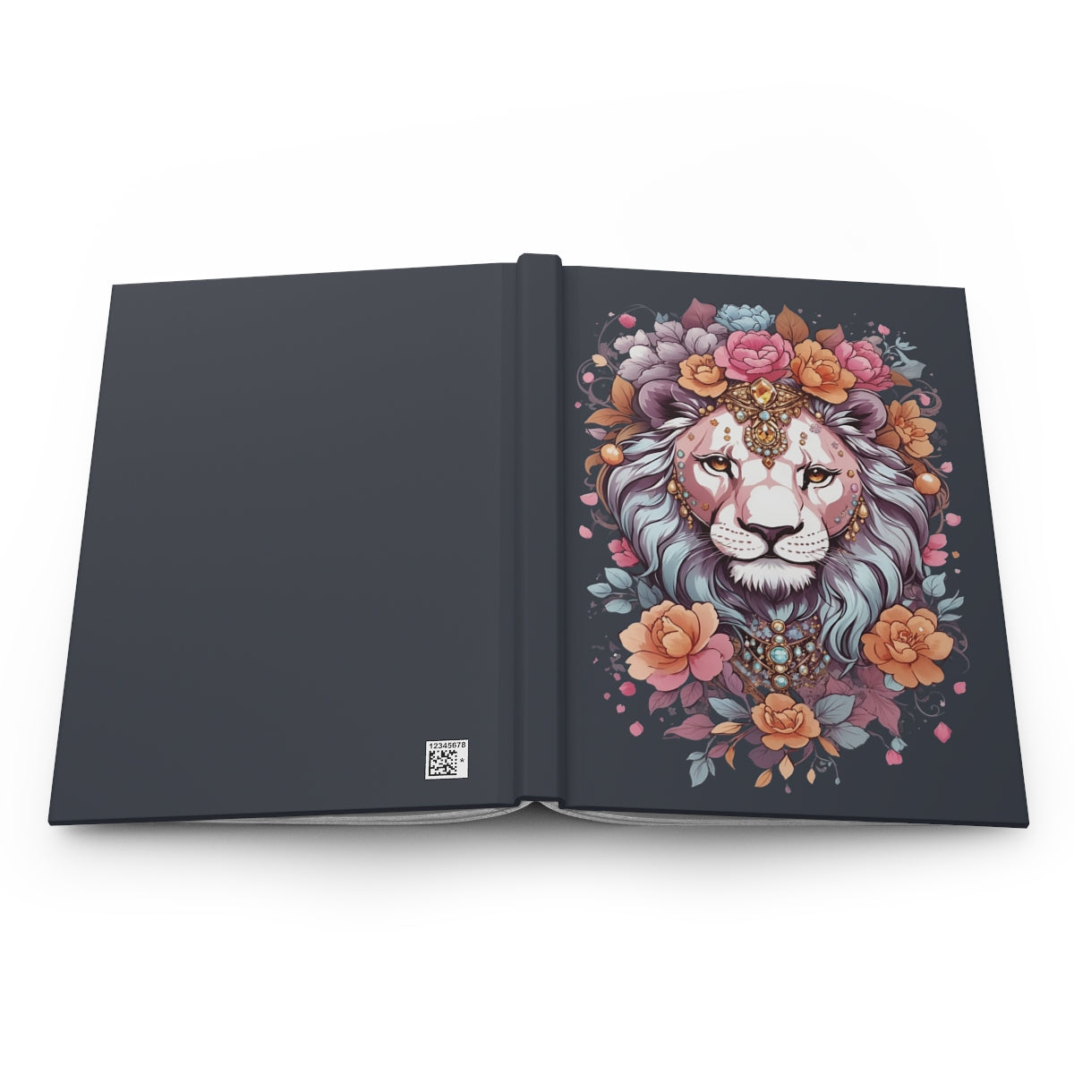 Open hardcover notebook with a pastel colored lioness accessorized with jewels and flowers illustration 