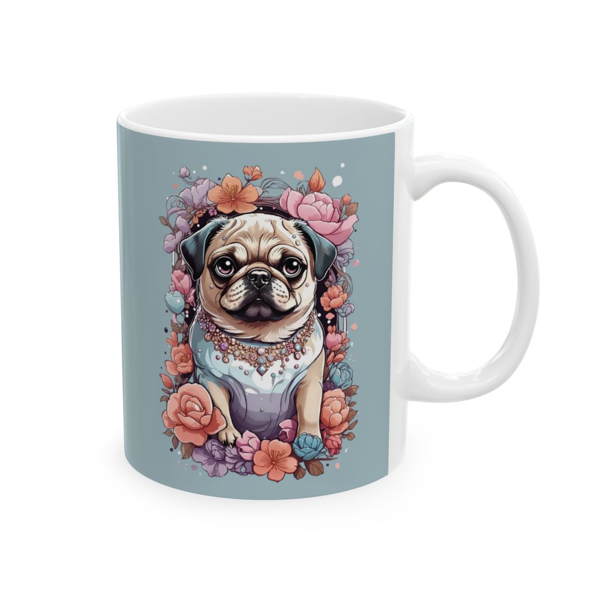 Mug with a kawaii pug illustration surrounded by flowers on a light blue background