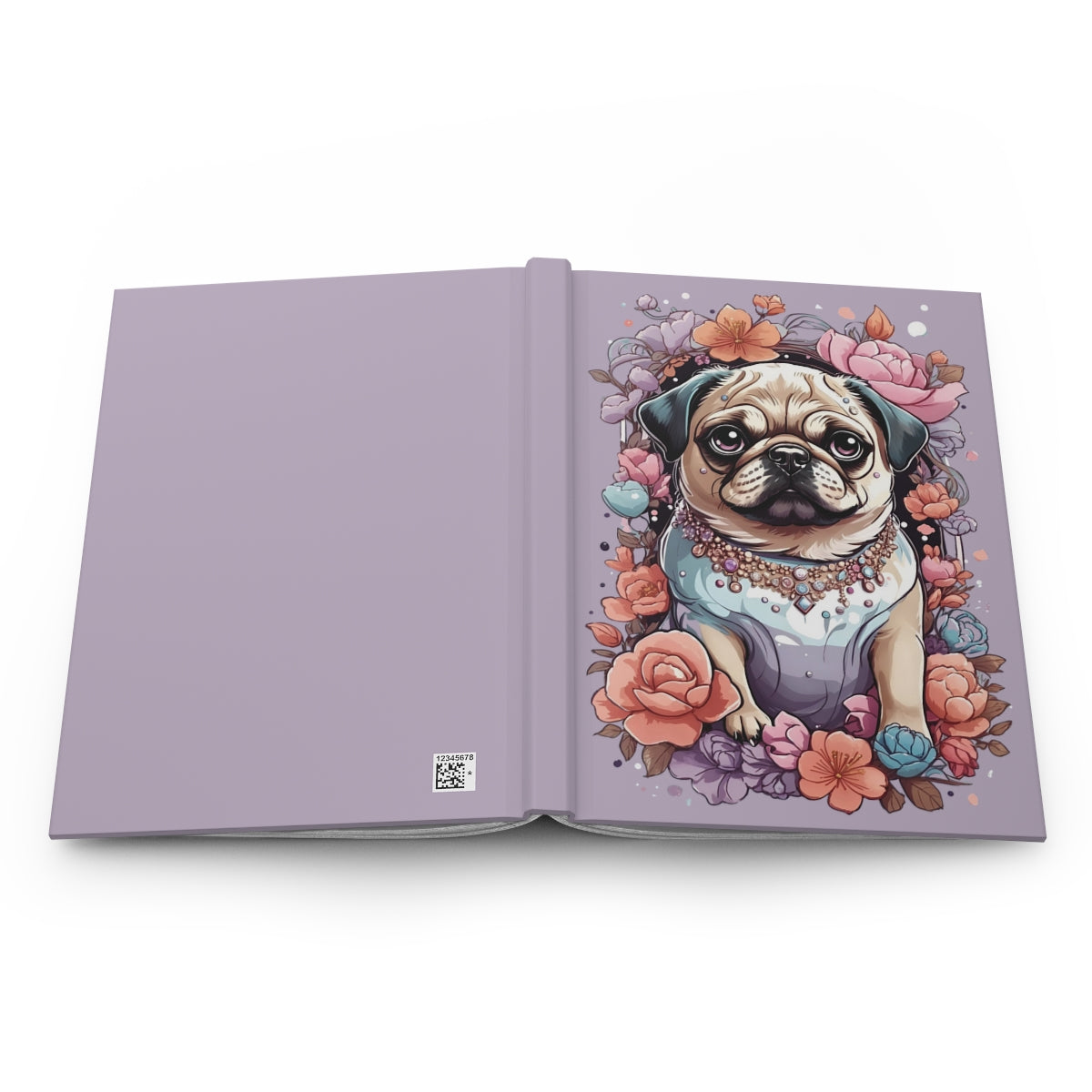 open notebook with an Illustration of a pug dog dressed for a party, wearing a pastel colored gemstone statement necklace surrounded by pastel colored  flowers on a pastel purple background
