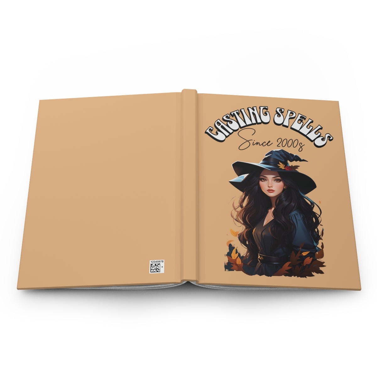 open Hardcover Notebook with a beautiful witch girl illustration and 'Casting Spells Since 2000s' text written in retro groovy letters on a beige background
