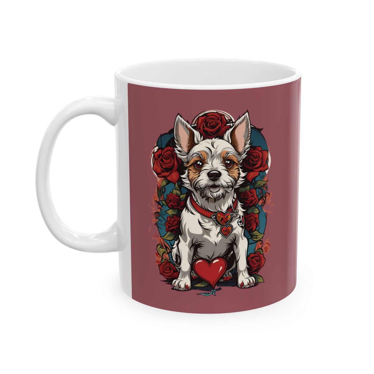 Mug with a tattoo aesthetic terrier dog and a heart and  roses design on a red background