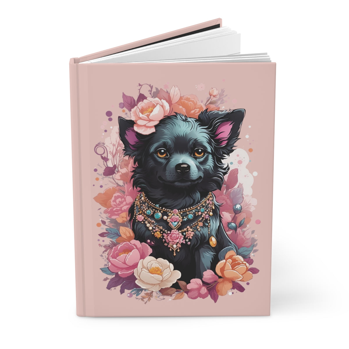 Light pink hardcover journal with an Illustration of a black terrier with pink ears, wearing pastel gemstone necklace and pastel floral decorations 