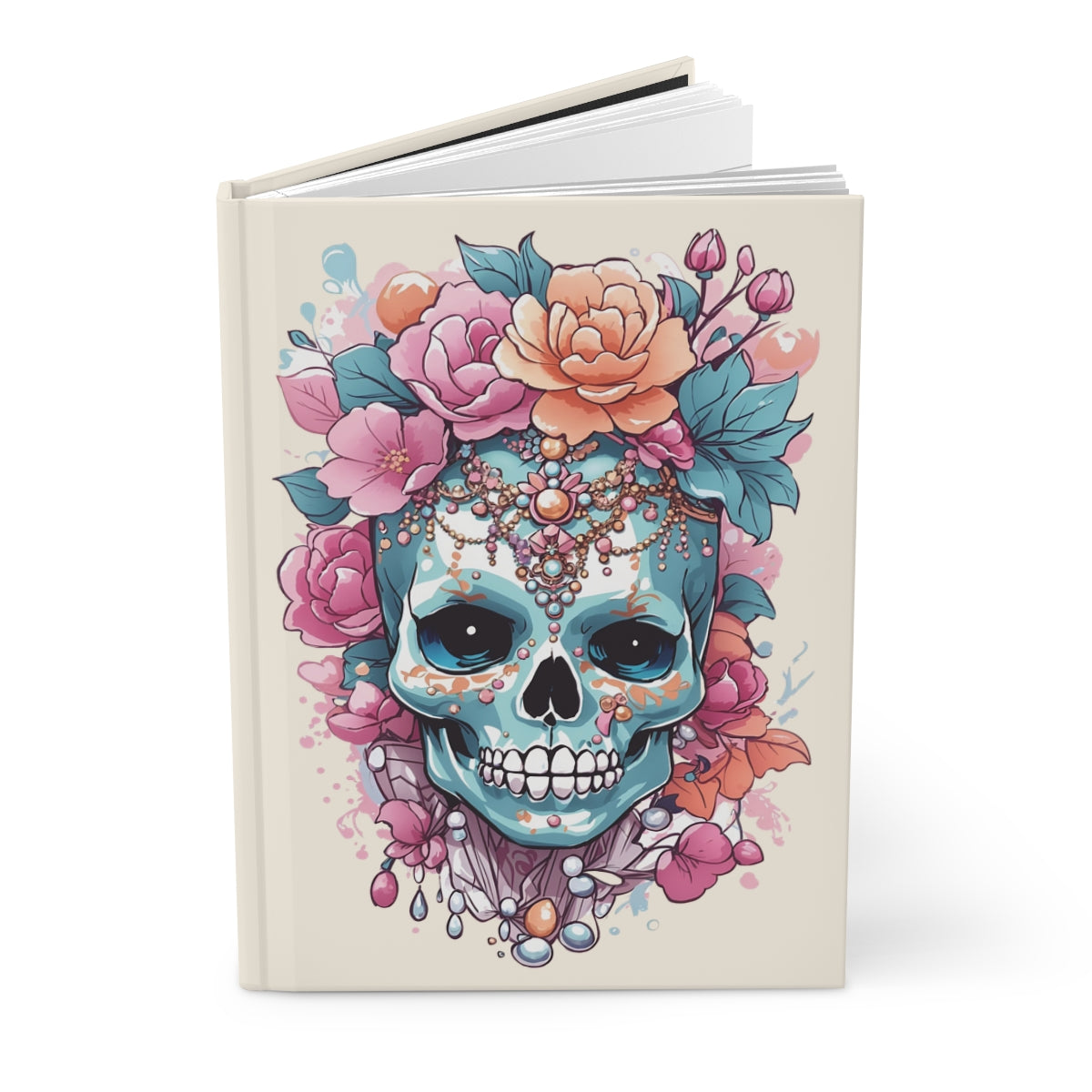Journal cover with Pastel colored skull design with flowers and jewelry on a beige background