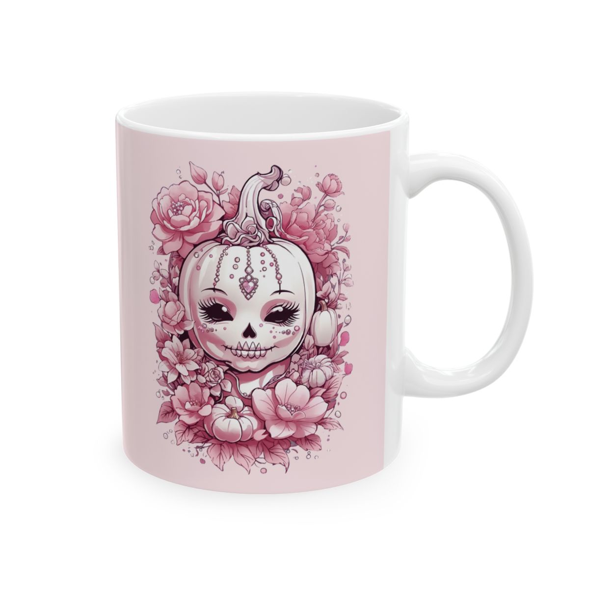 Light Pink mug with a pumpkin skull and jewels and florals design in pastel shades of pink