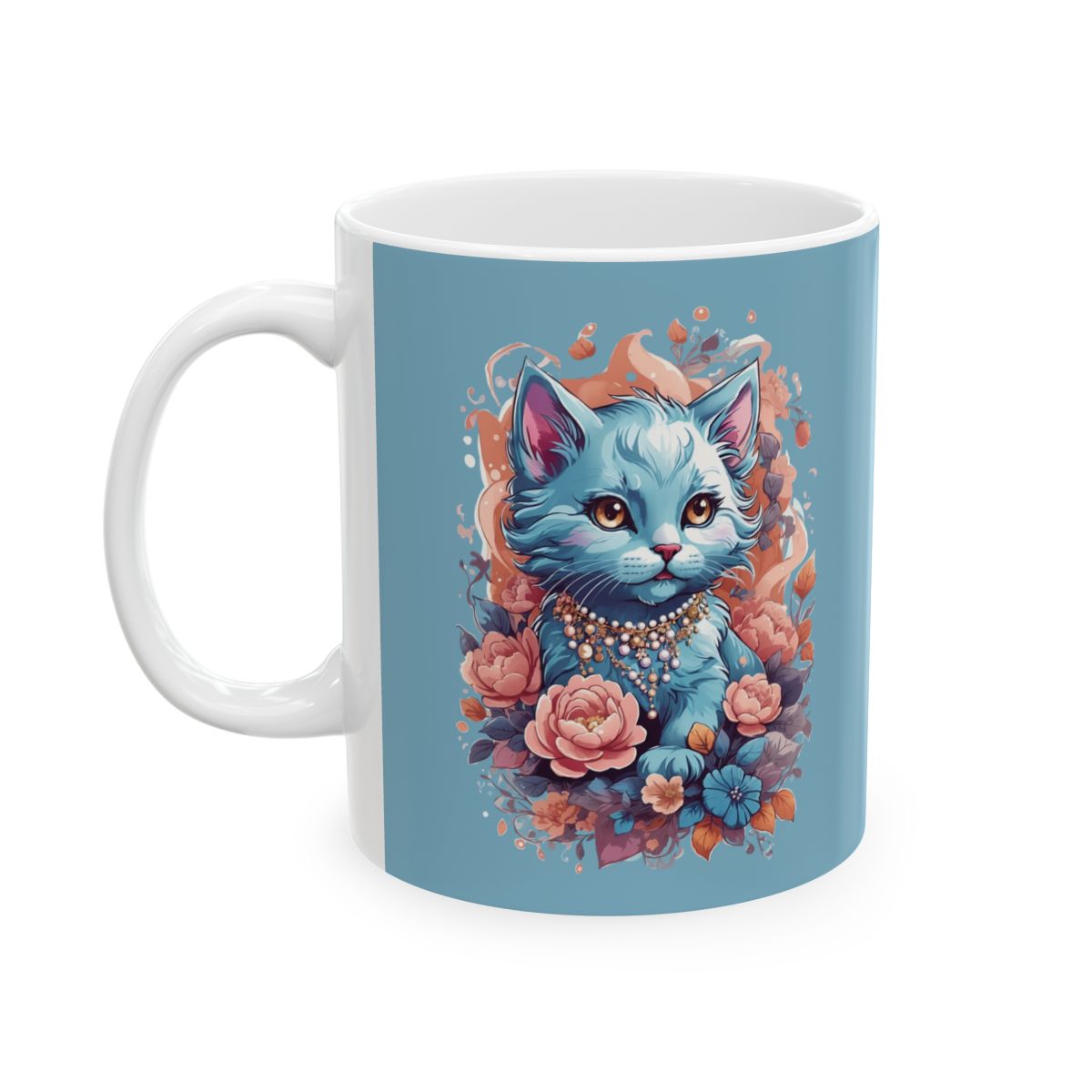 Mug with the design of a blue girly kitten illustration wearing a necklace and decorated with flowers  on a light blue background