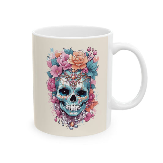 Pastel colored Mug with a colorful skull wearing jewelry and flowers design 