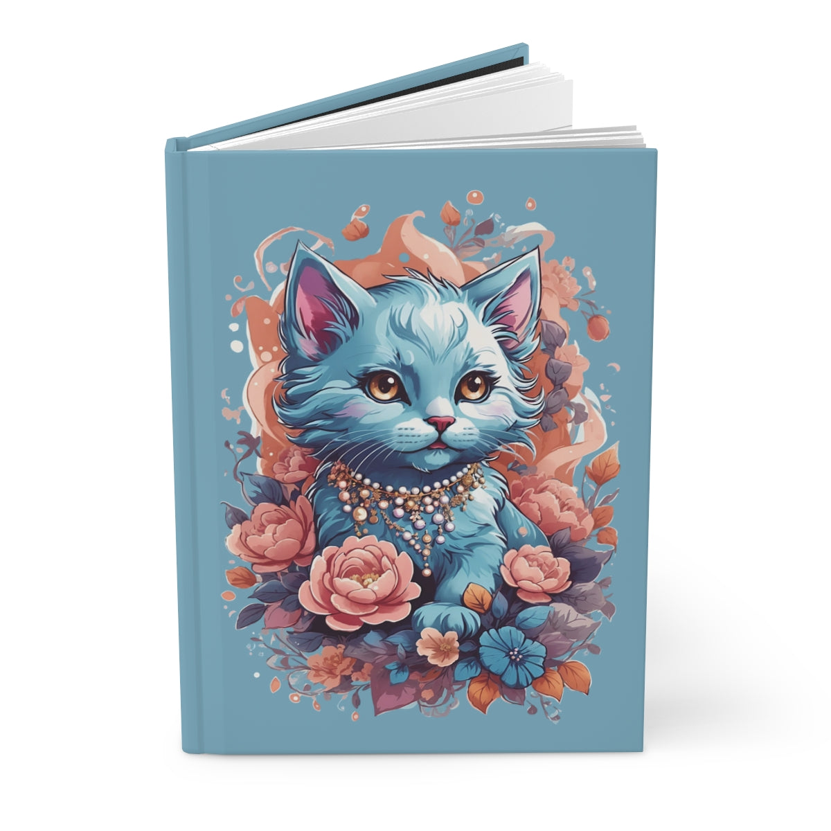Notebook with a blue girly kawaii aesthetic kitten wearing jewelry and surrounded by flowers illustration on a light blue background