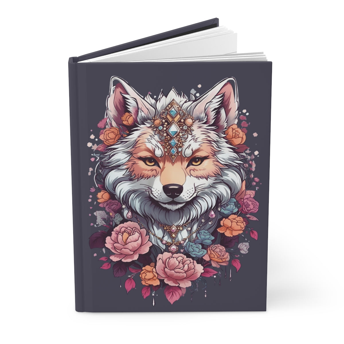 Hardcover Notebook with an illustration of a colorful kawaii style wolf wearing jewelry and flowers