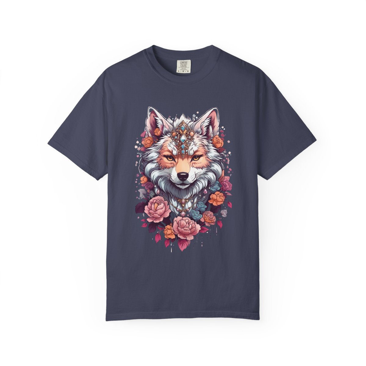 Navy blue t-shirt with a boho chic wolf and floral design 