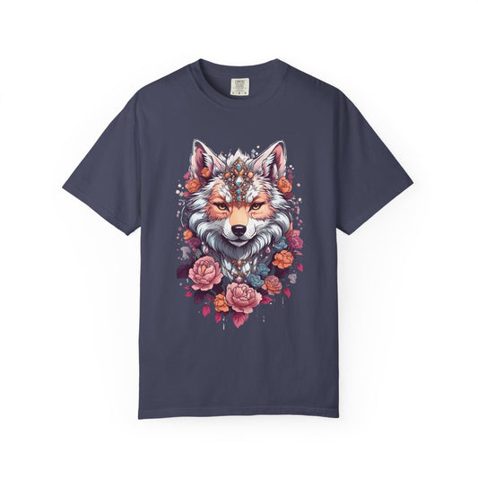 Navy blue t-shirt with a boho chic wolf and floral design 