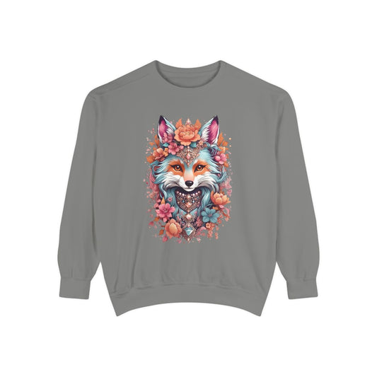 Gray sweatshirt with a colorful boho chic fox design with florals