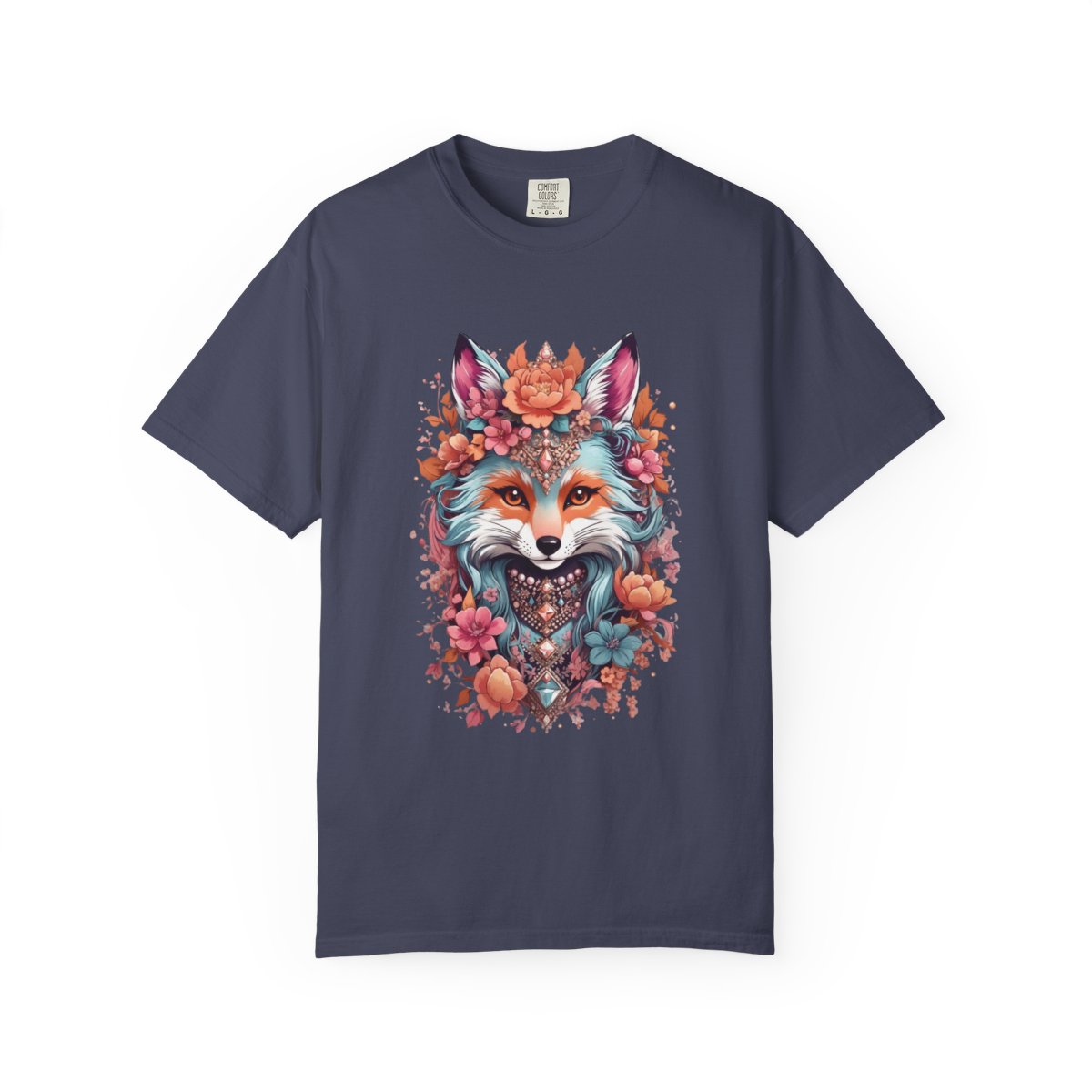 Navy blue t-shirt with a graphic design of a fox wearing jewelry, surrounded by flowers