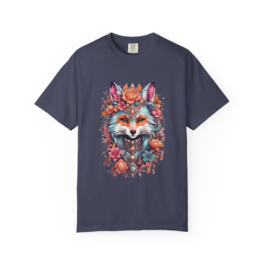Navy blue t-shirt with a graphic design of a fox wearing jewelry, surrounded by flowers