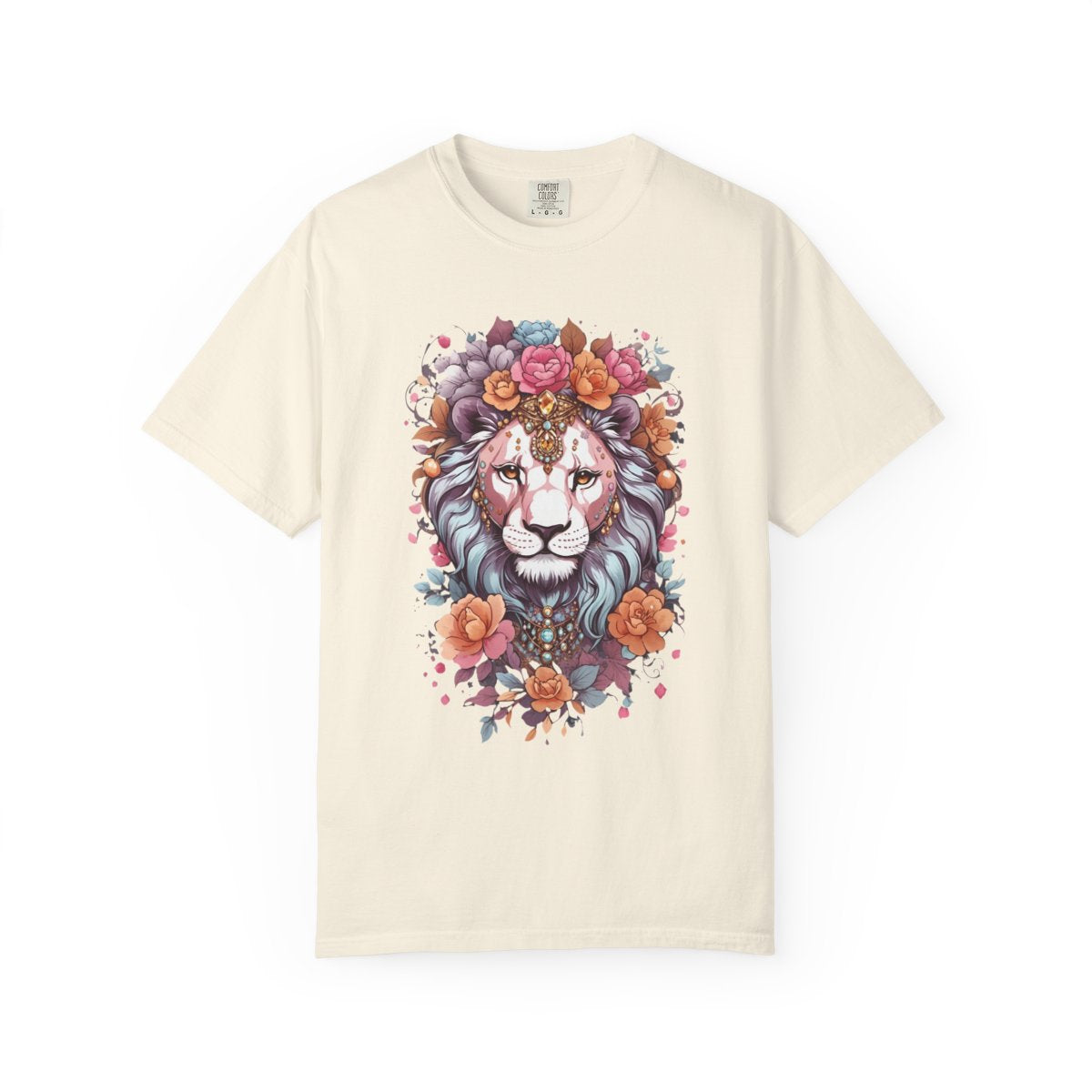 Beige t-shirt with a  lioness wearing jewelry and florals design 