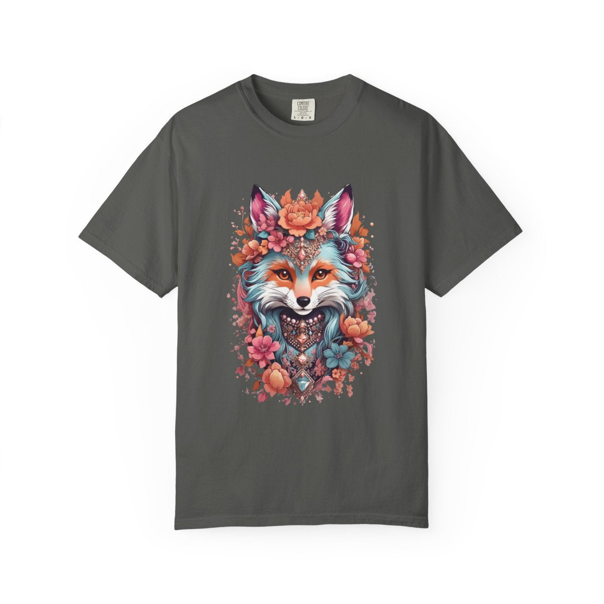 Pepper Gray color t-shirt with a vibrant colorful graphic design of a fox wearing a necklace, surrounded by flowers